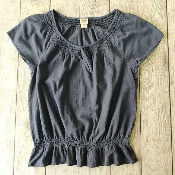 Mossimo navy tie front peasant top with elastic waist sz L - Picture 2 of 8